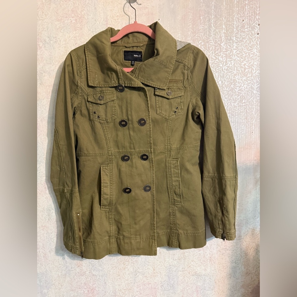 Hurley Women's Double Breasted Military Jacket Green Tan‎ Full Zip Canvas Size S